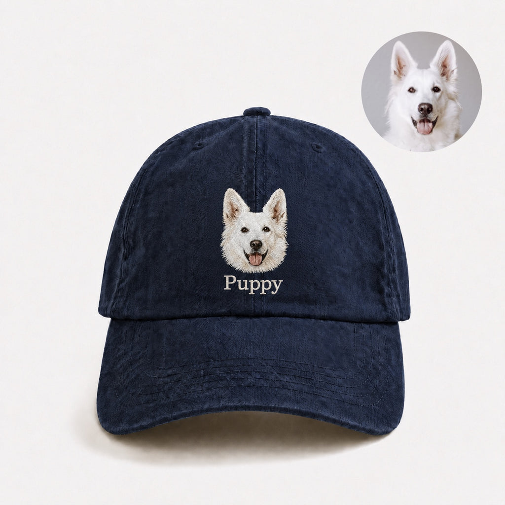 Custom Pet Portrait Embroidered Baseball Cap – Personalized Pet Face Hat with Name