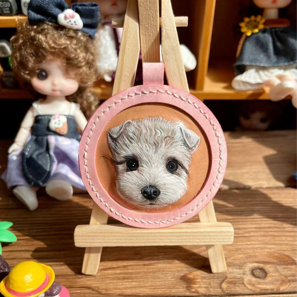 Handmade Leather Pet Portrait Keychain – Custom Dog or Cat Face Charm – A Meaningful Memorial Gift for Pet Lovers